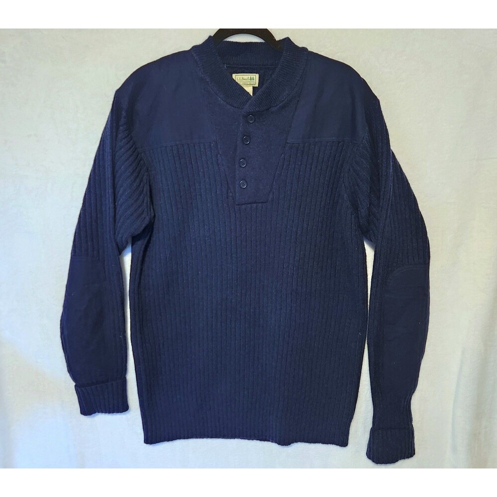 LL Bean Men's XLT Navy Blue Commando Henley Sweater Merino Wool Elbow Patch